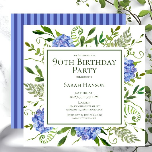 Invitation 90e anniversaire Blue Hydrangeas Floral Aquarelle