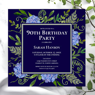 Invitation 90e anniversaire Blue Hydrangeas Floral Aquarelle