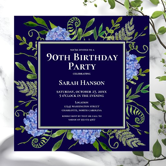 Invitation 90e anniversaire Blue Hydrangeas Floral Aquarelle