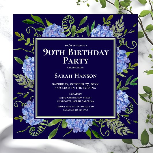 Invitation 90e anniversaire Blue Hydrangeas Floral Aquarelle