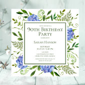Invitation 90e anniversaire Blue Hydrangeas Floral Aquarelle