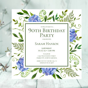 Invitation 90e anniversaire Blue Hydrangeas Floral Aquarelle