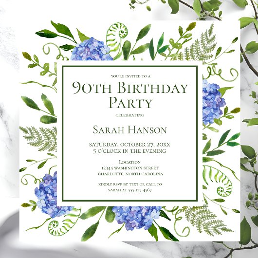 Invitation 90e anniversaire Blue Hydrangeas Floral Aquarelle