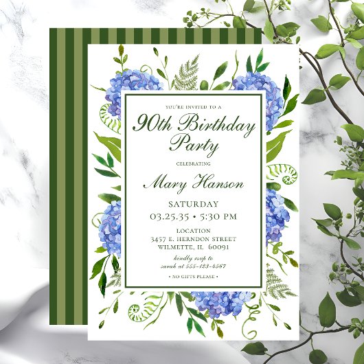 Invitation 90e anniversaire Blue Hydrangeas Floral Aquarelle