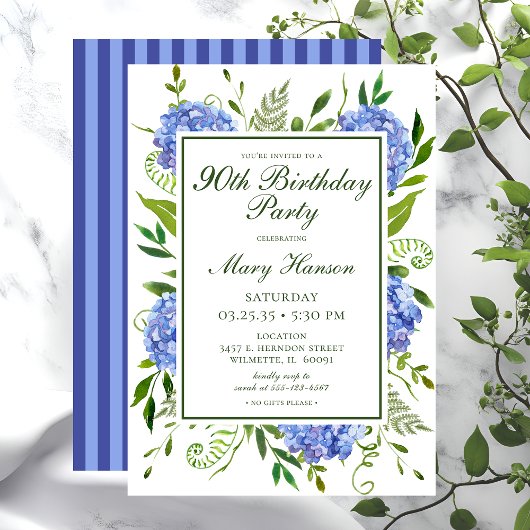 Invitation 90e anniversaire Blue Hydrangeas Floral Aquarelle