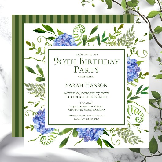 Invitation 90e anniversaire Blue Hydrangeas Floral Aquarelle