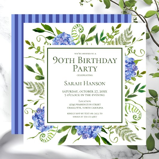 Invitation 90e anniversaire Blue Hydrangeas Floral Aquarelle