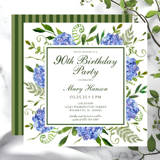 Invitation 90e anniversaire Blue Hydrangeas Floral Aquarelle