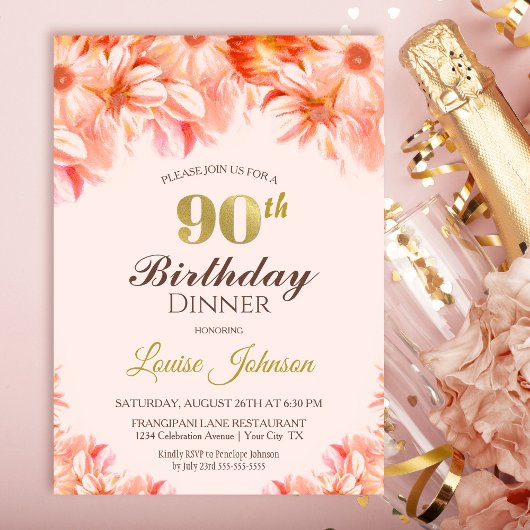 Invitation 90e anniversaire Blush Pink Gold Floral Soirée
