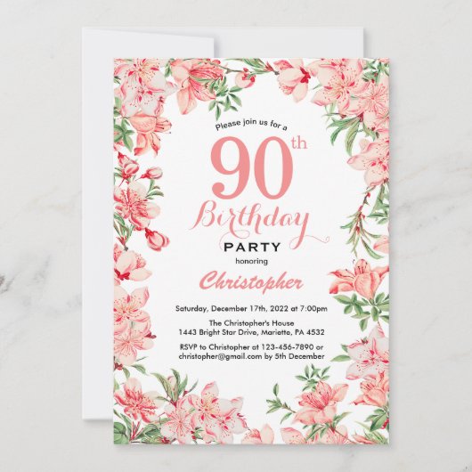 Invitation 90e anniversaire Boho rose fleurs botaniques flora (Devant)