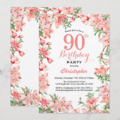 Invitation 90e anniversaire Boho rose fleurs botaniques flora (Devant / Derrière)