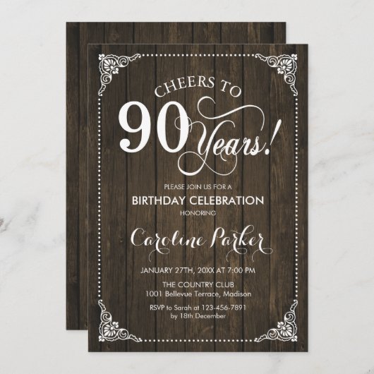 Invitation 90e anniversaire - Bois rustique (Devant / Derrière)