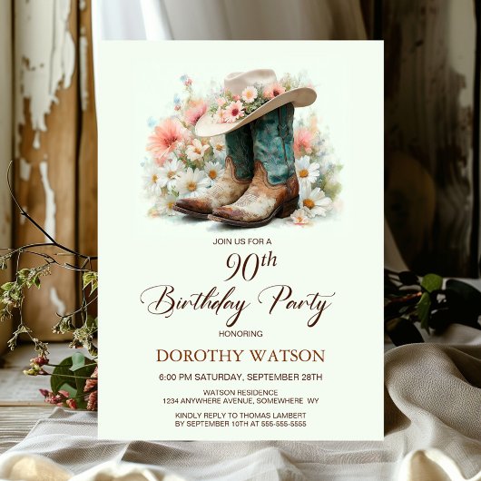Invitation 90e anniversaire Bottes de fille et fête d'anniver