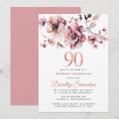 Invitation 90e anniversaire Bourgogne Dusty Blush rose floral (Devant / Derrière)