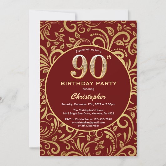 Invitation 90e anniversaire Bourgogne rouge et or modèle flor (Devant)