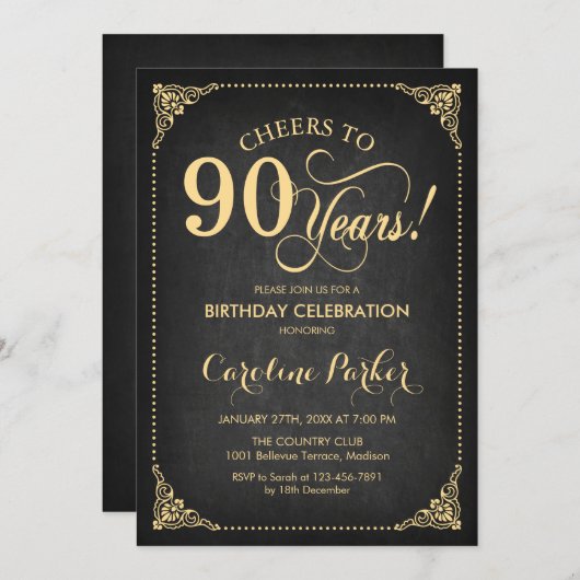 Invitation 90e anniversaire - Chalkboard Gold (Devant / Derrière)