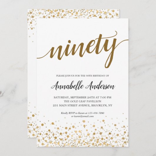 Invitation 90e anniversaire Confetti moderne or Script (Devant / Derrière)