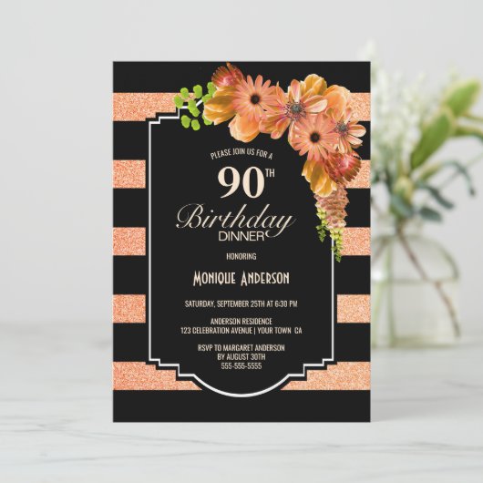 Invitation 90e anniversaire Corail rayé Dîner fleur (Debout devant)