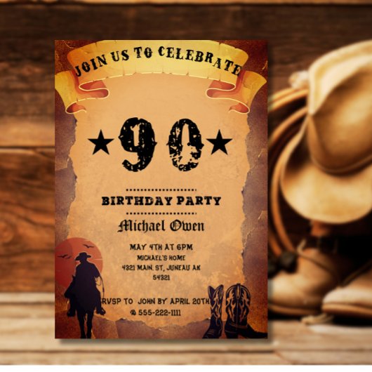 Invitation 90e anniversaire cowboy vieux papier cheval cheval