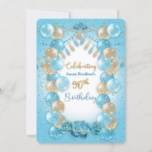 Invitation 90e anniversaire Dames Blue Gold Balloons Design