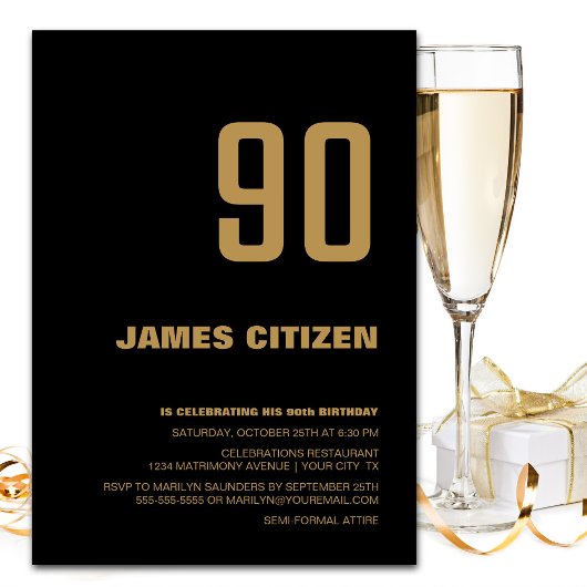 Invitation 90e anniversaire de fête Black Gold