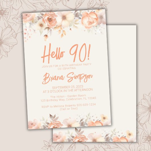 Invitation 90e anniversaire de fête Pêche beige ivoire floral