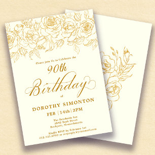 Invitation 90e anniversaire de la fête d'or Rose Floral Ivory
