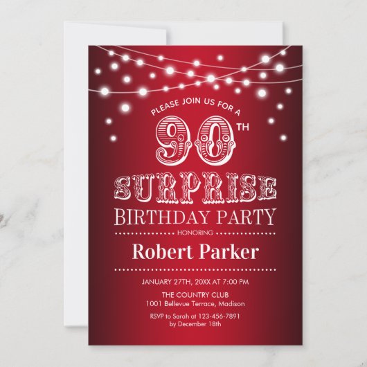 Invitation 90e anniversaire de surprise - Noir Rouge Blanc (Devant)