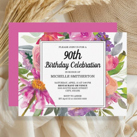 Invitation 90e anniversaire des femmes florales violettes ros