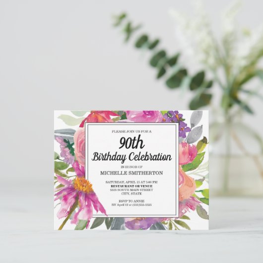 Invitation 90e anniversaire des femmes florales violettes ros (Debout devant)