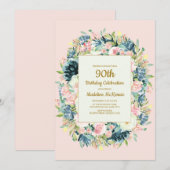 Invitation 90e anniversaire des femmes Turquoises rose vintag (Devant / Derrière)