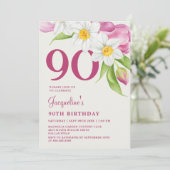 Invitation 90E Anniversaire Design Élégant Moderne Rose Flora (Debout devant)