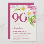 Invitation 90E Anniversaire Design Élégant Moderne Rose Flora (Devant / Derrière)