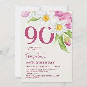 Invitation 90E Anniversaire Design Élégant Moderne Rose Flora