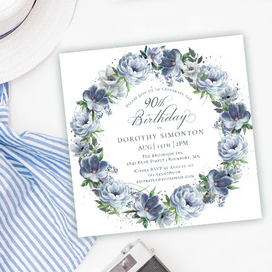 Invitation 90e anniversaire Dusty Blue Flower Wreath