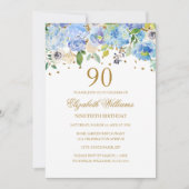 Invitation 90e anniversaire Elégant Blue Gold Floral Invitati (Devant)
