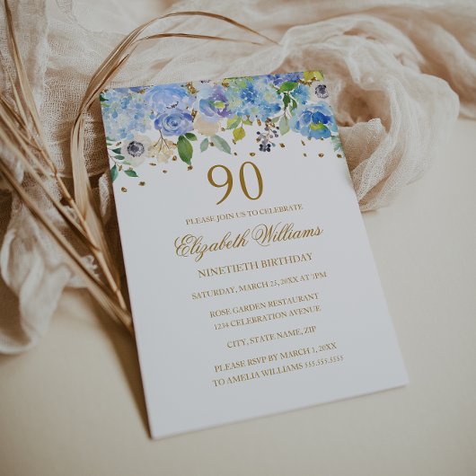 Invitation 90e anniversaire Elégant Blue Gold Floral Invitati