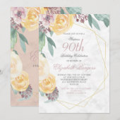 Invitation 90e anniversaire Elégant marbre rose floral chic (Devant / Derrière)