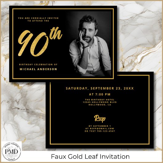 Invitation 90e anniversaire Elegant Photo Black Gold