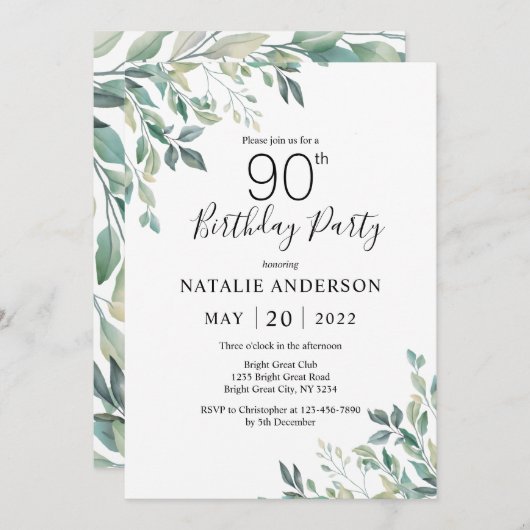 Invitation 90e anniversaire Elégant vert Eucalyptus verdure (Devant / Derrière)