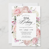 Invitation 90e anniversaire Élégante calligraphie rose roses (Devant)