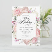 Invitation 90e anniversaire Élégante calligraphie rose roses (Debout devant)