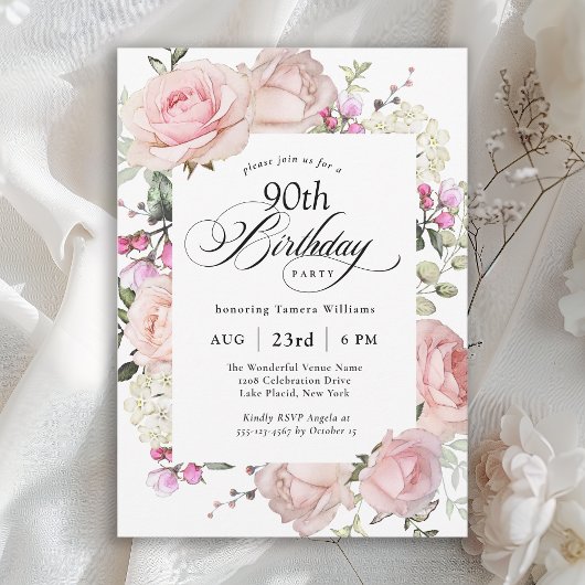 Invitation 90e anniversaire Élégante calligraphie rose roses