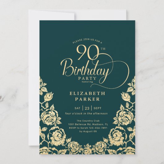 Invitation 90e anniversaire Emerald Green Rose or (Devant)