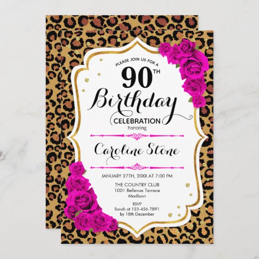 Invitation 90e anniversaire - Empreinte de léopard d'or rose (Devant / Derrière)