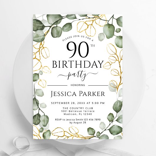 Invitation 90e anniversaire fête Eucalyptus aquarelle