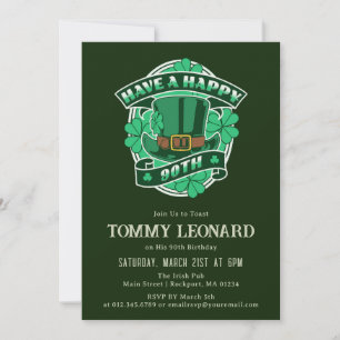 Invitation 90e anniversaire fête Leprechaun Casquette Shamroc