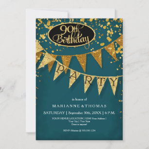 Invitation 90e Anniversaire Fête Pennant Bannière Confetti
