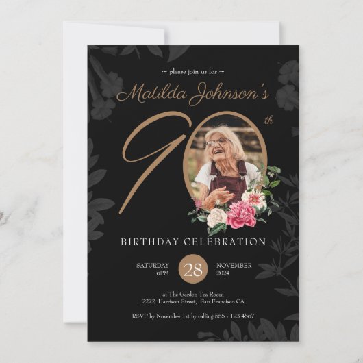 Invitation 90e anniversaire Floral Black Gold Botanical Custo (Devant)