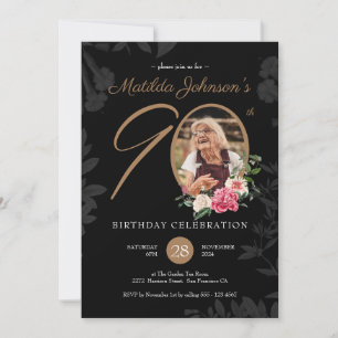 Invitation 90e anniversaire Floral Black Gold Botanical Custo